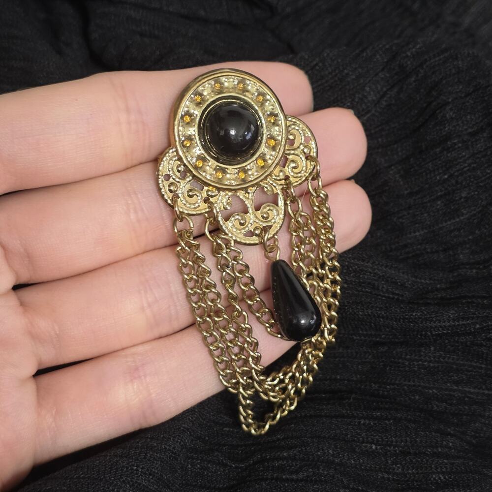 Vintage Victorian Revival Black Cabochon Chain Fringe Brooch Gold Tone